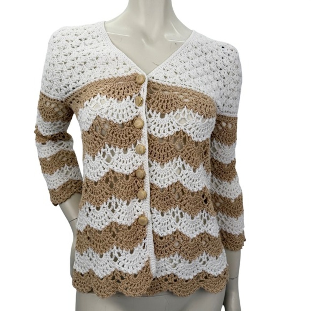 Vintage Handmade Crochet Striped Cardigan Beige White Bohemian Retro Aesthetic M